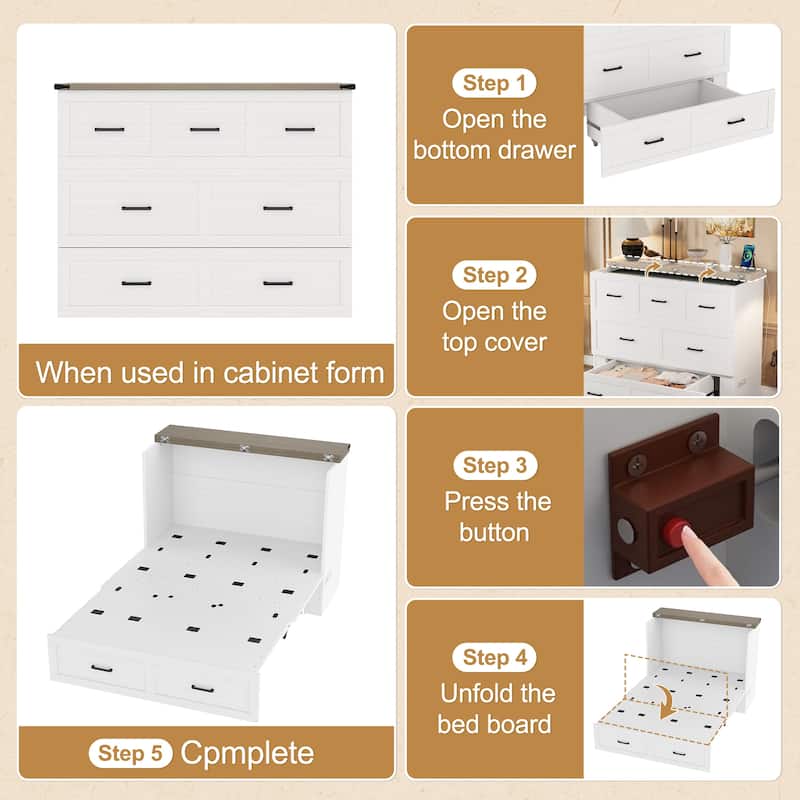 Foldable Murphy Bed Cabinet Full/Queen with USB & Type-C Ports and Storage Drawer for Guest Room