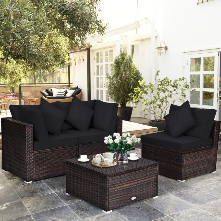 4 Pieces Patio Rattan Furniture Set with Removable Cushions and Pillows - Corner Sofa: 29" x 29" x 25"