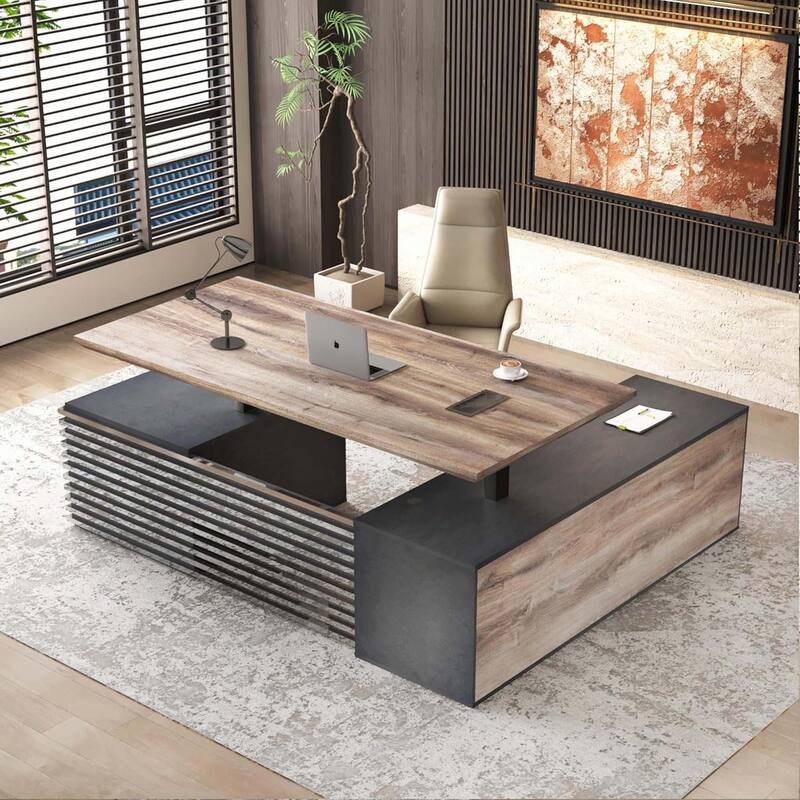 Adjustable L-Shaped Executive Desk with Outlets File Cabinets 3 Drawers Custom Size & Color