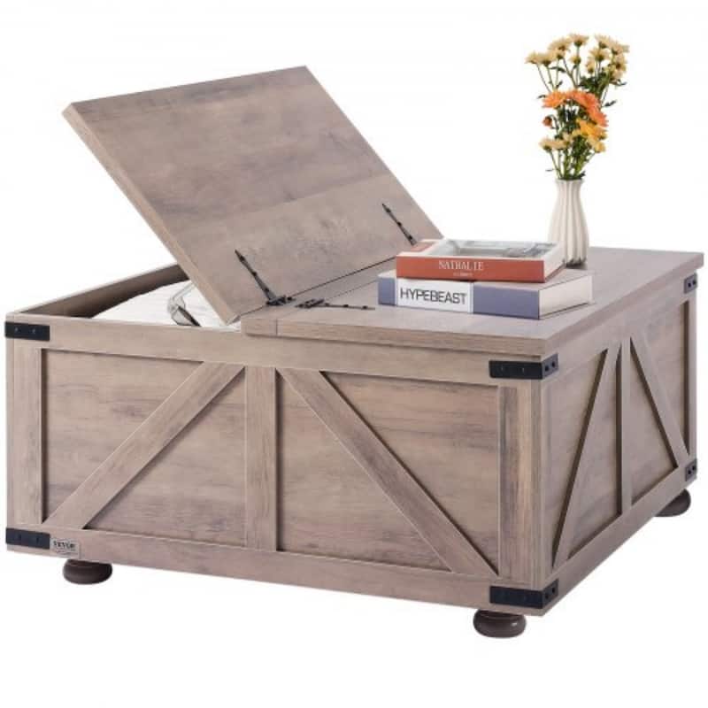 36 Inch Lift Top Square Coffee Table with Large Storage Compartment Perfect for Books or Documents Store - 36” x 36” x 18.2” - Grey-Brown