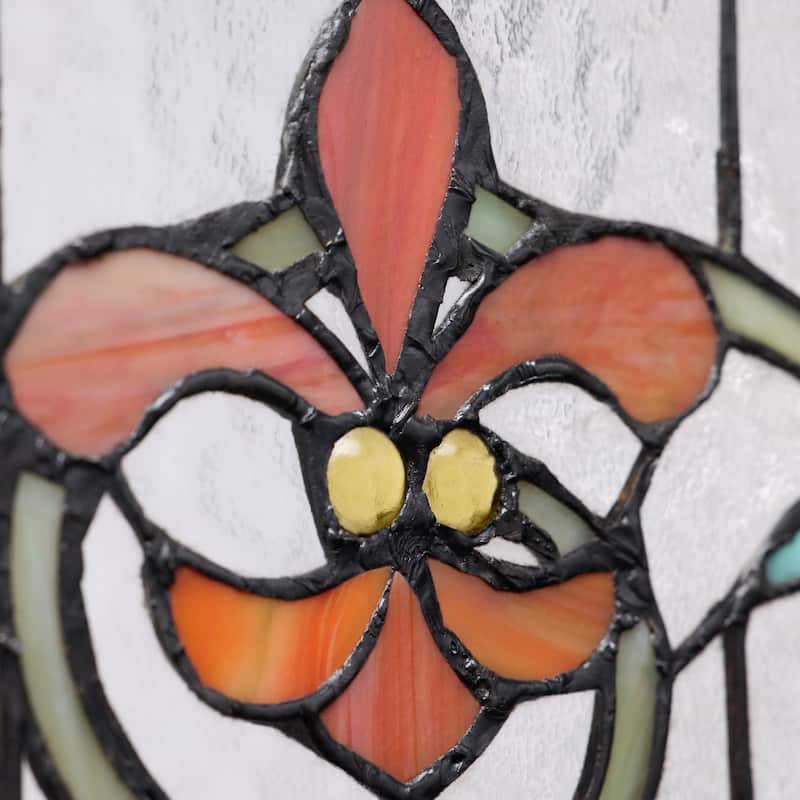 River of Goods Fleur De Lis Stained Glass Pub Window Panel - 30"L x 0.25"W x 14"H
