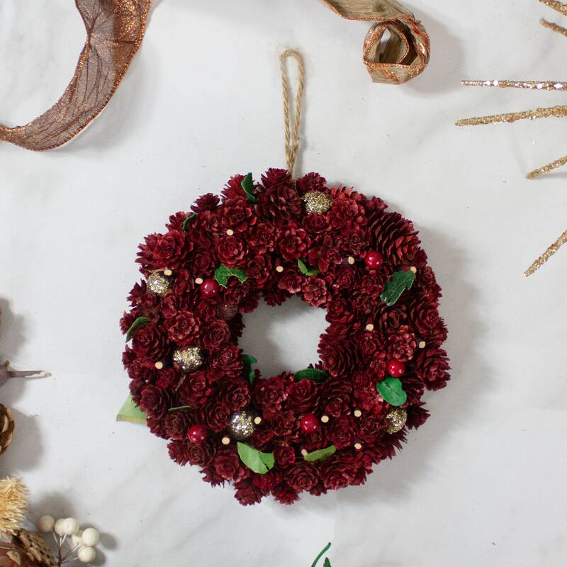 Red Gold Pine Cone Ornament Artificial Christmas Wreath, 9.5", Unlit