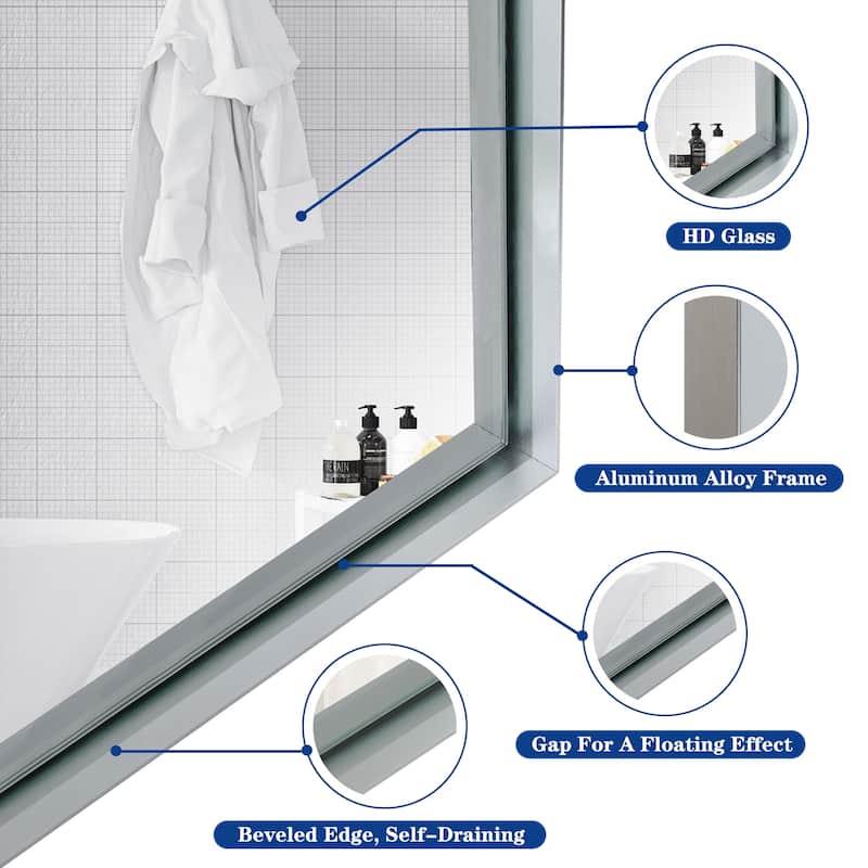 Modern 40x30 Inch Rectangle Bathroom Mirror with Brushed Metal Frame, Decorative Beveled Edge for Wall Mounting