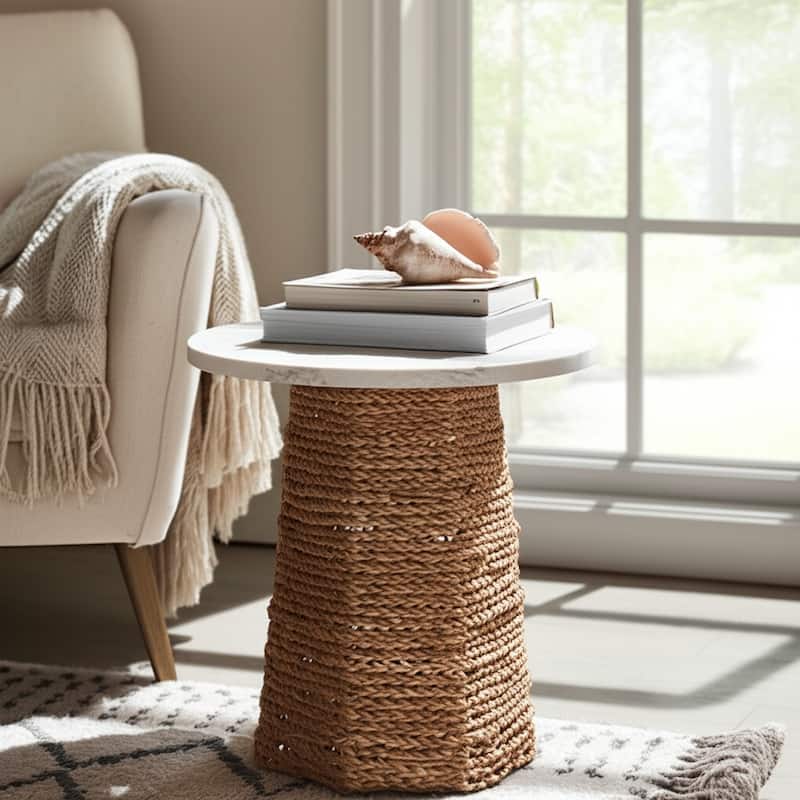 Stone and Marble Top Accent Table Pandan Hexagon Base - 20" Ivory - 17" x 17" x 20"