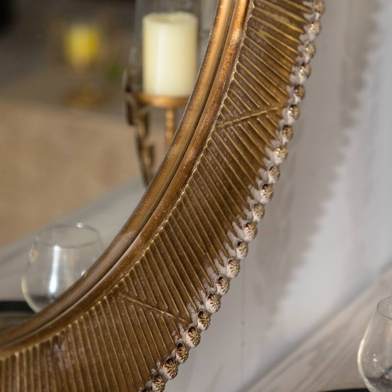 31.3" Gold Textured Round Wall Mirror - Iron Frame & MDF Back Decorative Mirror, Boho Accent Mirror - Natural Wood