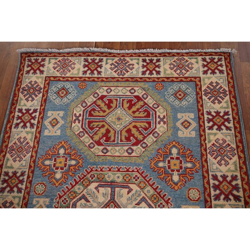 Blue Geometric Kazak Foyer Rug Hand-Knotted Wool Carpet - 3'5" x 4'11"