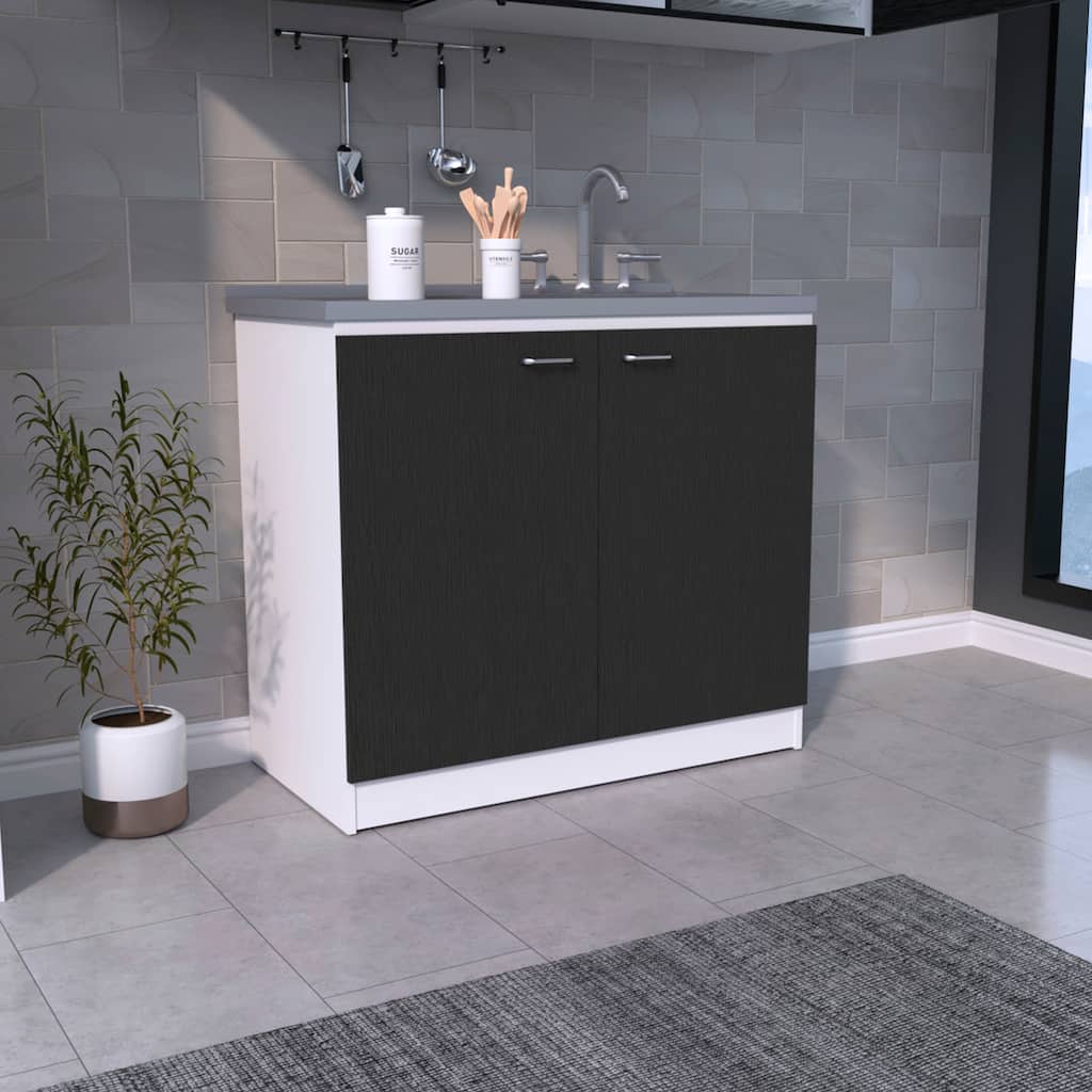 Freestanding Sink Cabinet with Double Doors and Two Shelves, White / Black, Practical Design, Stainless Steel