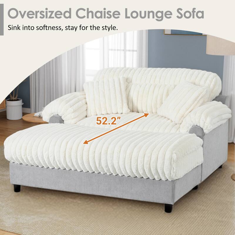 Modern Oversized Chaise Lounge Sofa for Living Room, 65.25" Cloud Sleeper Sofa Plush Faux Fur Sofa Couch with 2 Pillows - Beige