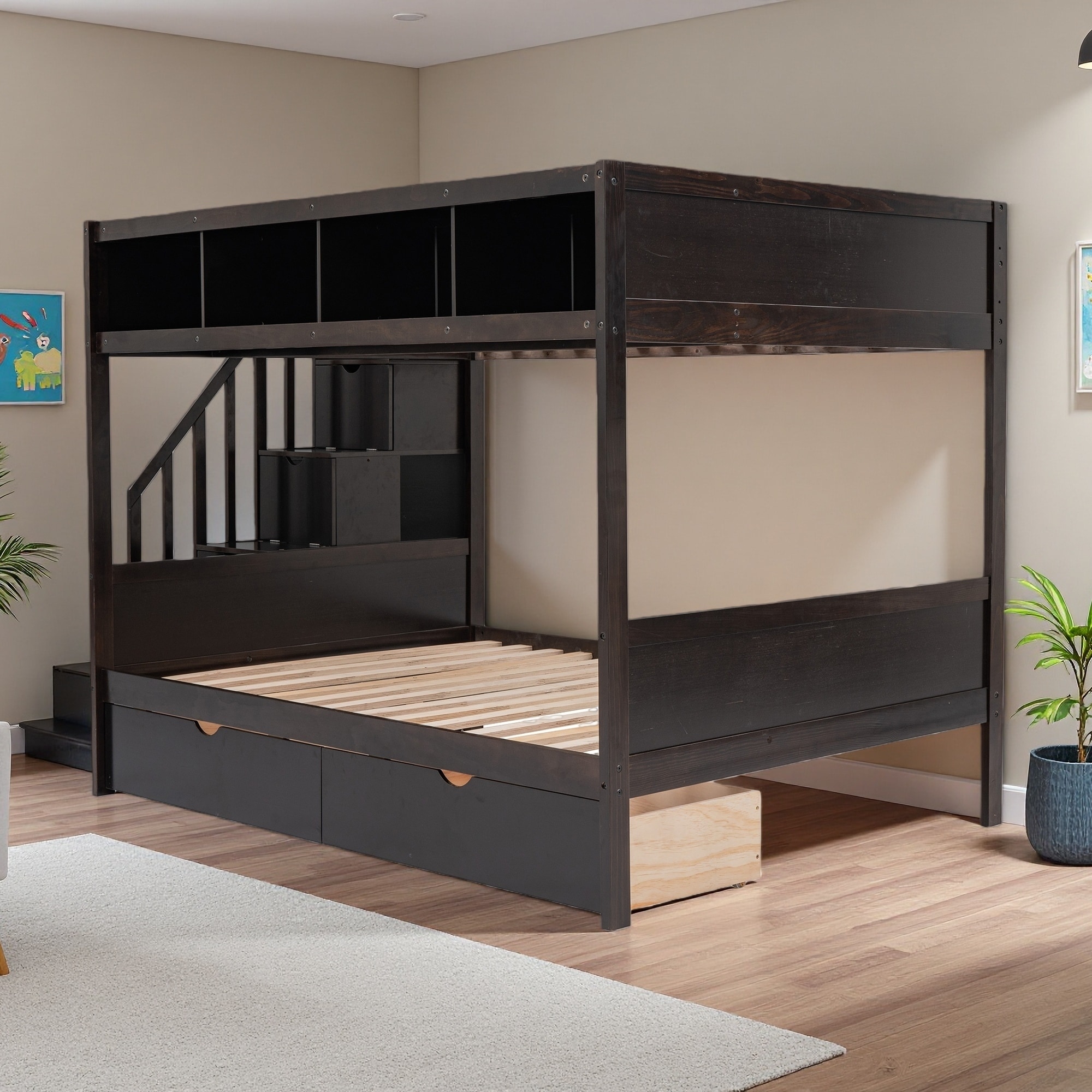 Twin over Full Solid Wood Bunk Bed with Storage Staircase, 2 Drawers & Shelf