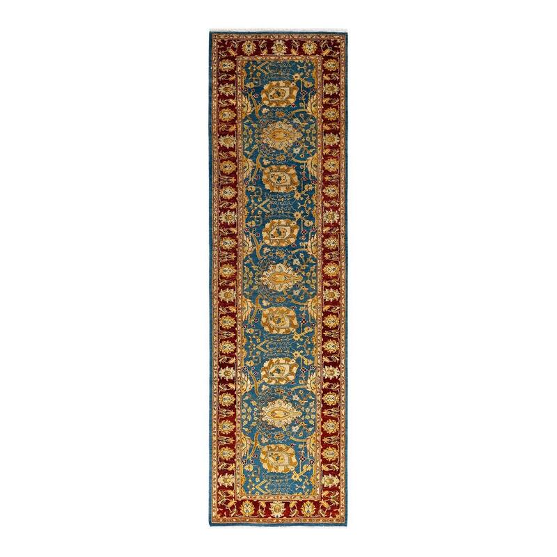 Overton Hand Knotted Wool Vintage Inspired Traditional Ottoman Blue Runner Rug - 2' 6" x 9' 5"