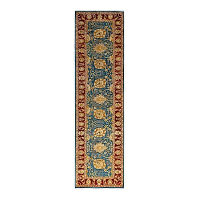 Overton Hand Knotted Wool Vintage Inspired Traditional Ottoman Blue Runner Rug - 2' 6" x 9' 5"