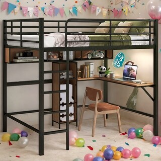 Full Loft Bed with Desk & Shelves - Black and Brown