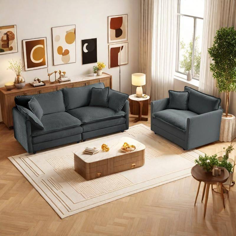 3-Piece Chenille Living Room Sofa Set (Loveseat + Accent Chair) with Solid Wood Frame & Plush Cushions - Gray