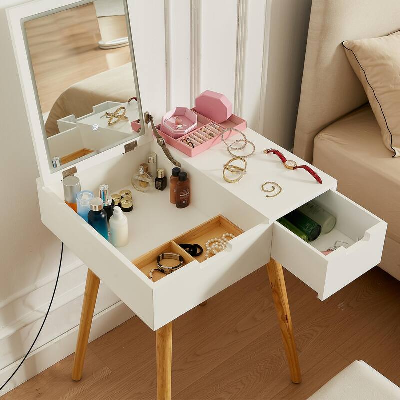 Small Makeup Vanity Table, Dresser Desk With 2 Drawers,Flip Top Mirror Organizer,Makeup Dressing Table