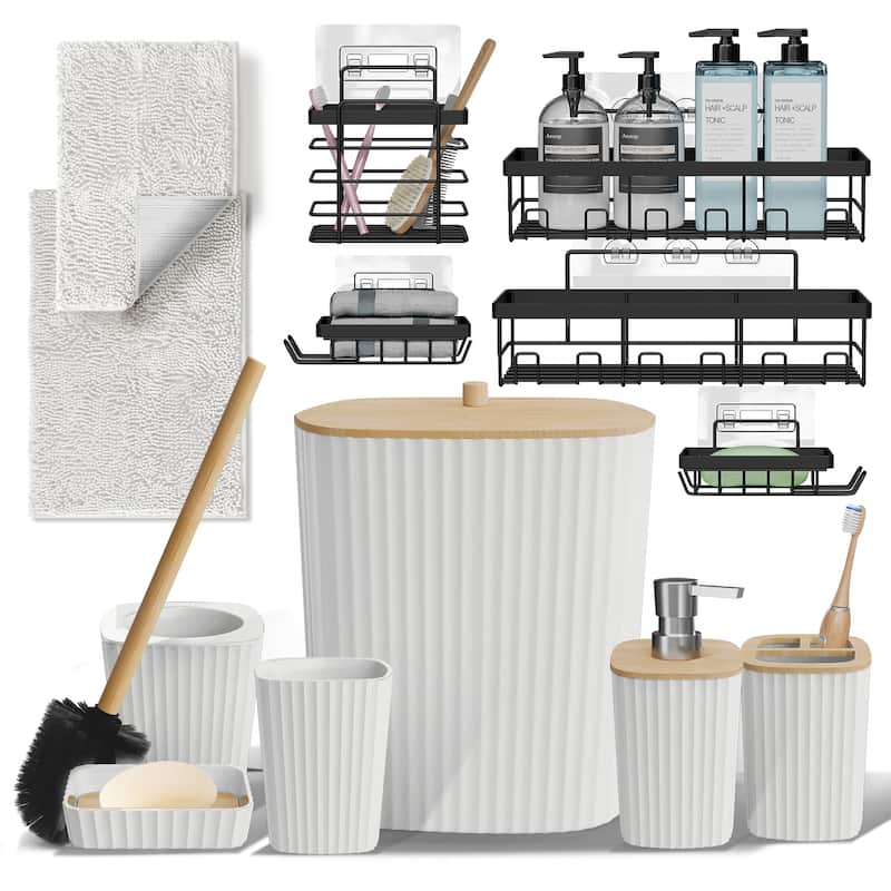 Emperyan Bathroom Accessory Set - Complete Set + Bath Rugs + Shower Caddy - White
