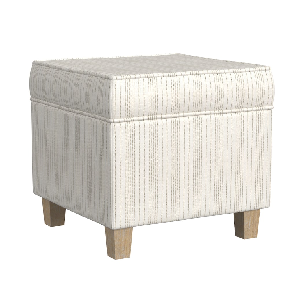 Pyp Square Storage Ottoman, 18 Inch Ivory Pinstripe Fabric, Brown Legs