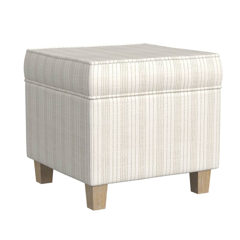 Pyp Square Storage Ottoman, 18 Inch Ivory Pinstripe Fabric, Brown Legs