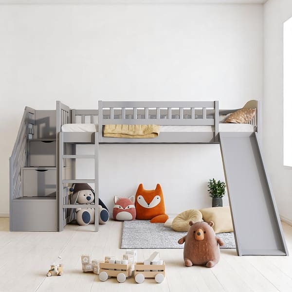 slide 2 of 18, Twin Size Loft Bed with Slide, Staircase Storage Drawers, Convertible Ladder, and Guardrails, No Box Spring Needed Grey