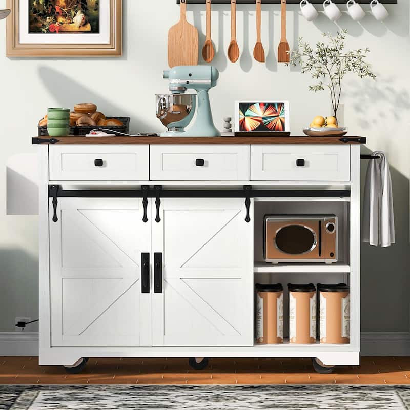 53.5'' Farmhouse Kitchen Island with Power Outlet, Drop Leaf, Spice Rack, Drawer, and Wheels