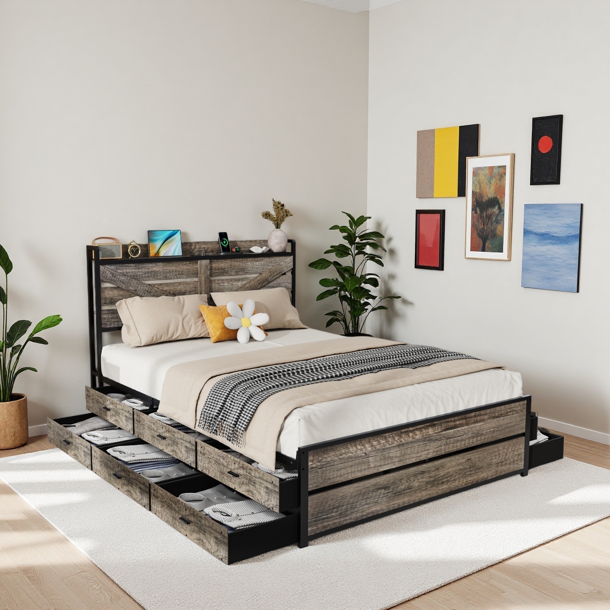 Metal Platform Bed Frame with Storage Headboard and 12 Drawers