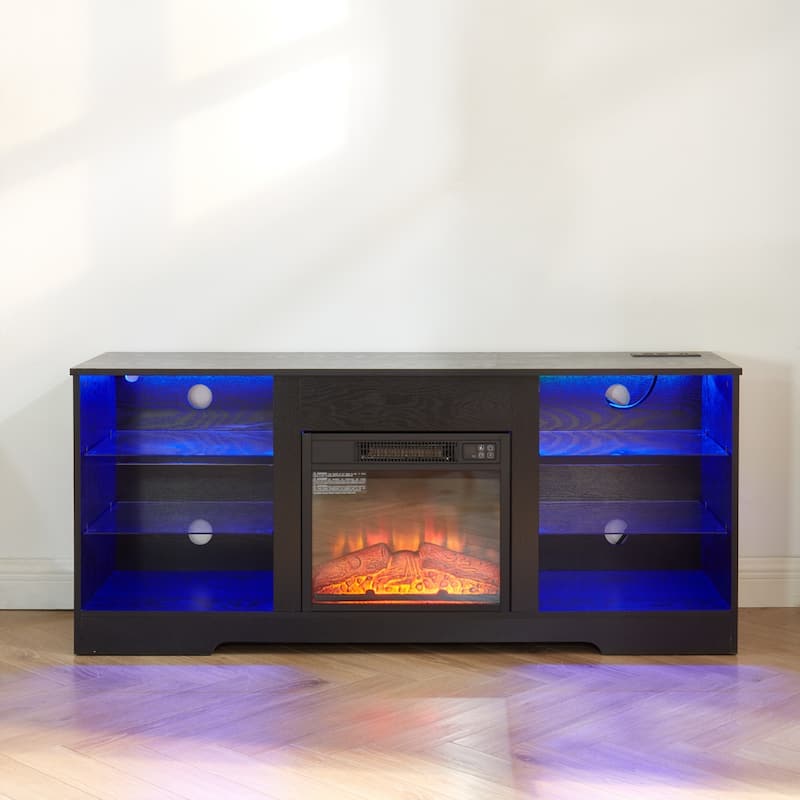 57.87" Electric Fireplace TV Stand with Glass Shelves, LED Lights, and USB Charging Outlet for TVs Up to 50"
