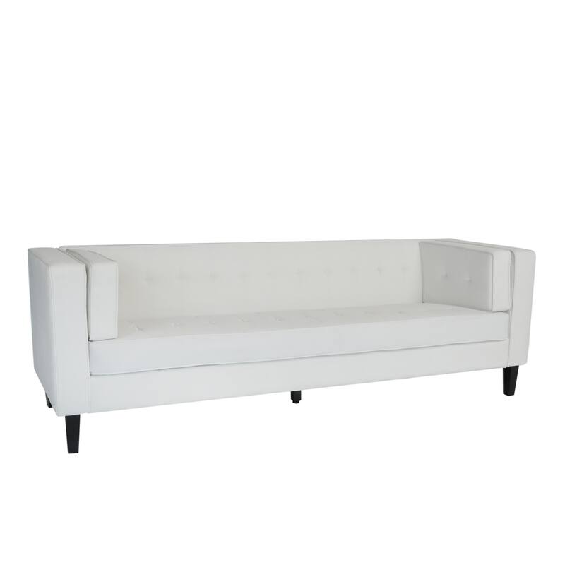 Ivory 89.75" Velvet 3-seater Button Tufted Sofa with Wood Legs and Kiln-Dried Hardwood Frame for Living Room