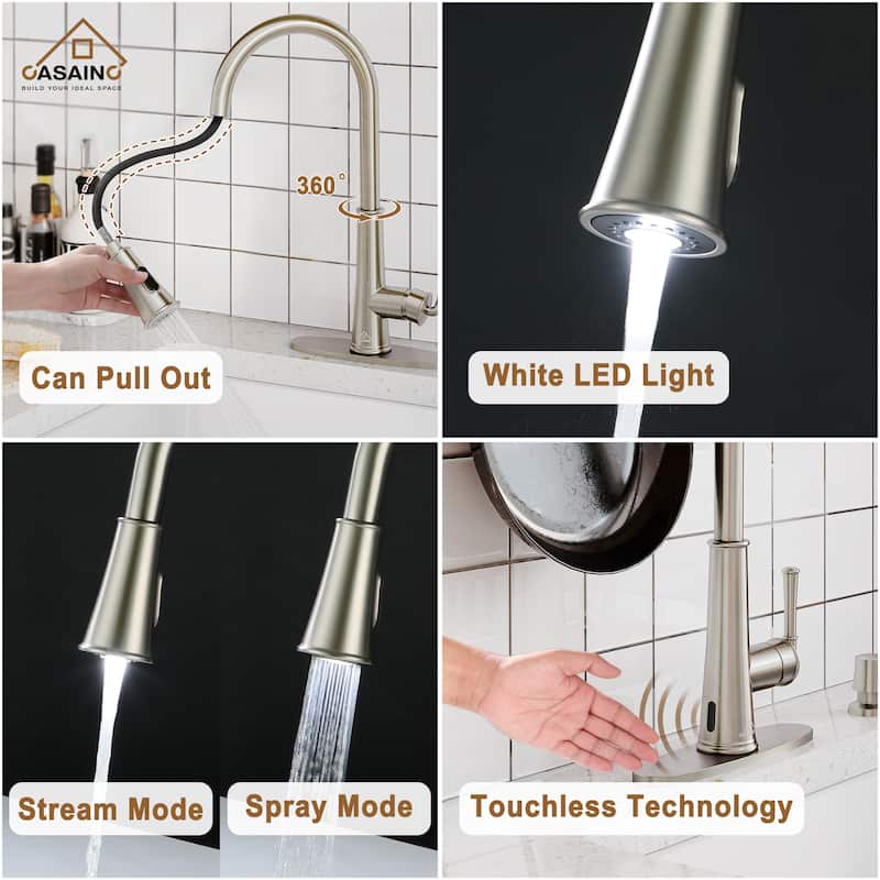 Stainless Steel 33 Single Bowl Drop-In Kitchen Sink with LED and Infrared Sensor Pull Down Kitchen Faucet