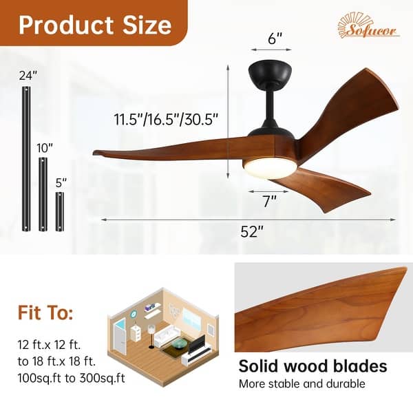 dimension image slide 0 of 13, Sofucor 48/52 Inch Solid Wood Ceiling Fan with Light Optional, 6-Speed Reversible DC Motor and Remote control,Smart Optional