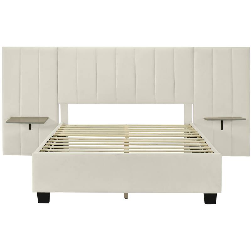 Modern Style Velvet Upholstered Platform Bed with Big Headboard for Bedroom