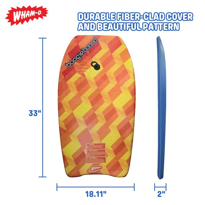Wham-O 33" Body Board for Beach, Lightweight Boogie Boards with EPS Core, Fiber Clad Bodyboard with Wrist Leash - Yellow