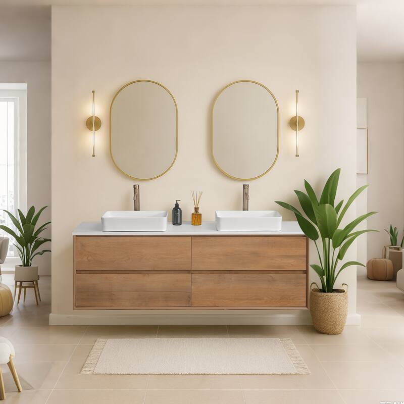 72" Floating Bathroom Vanity Quartz Counter Top with Double Ceramic Vessel Sink - Square Sink