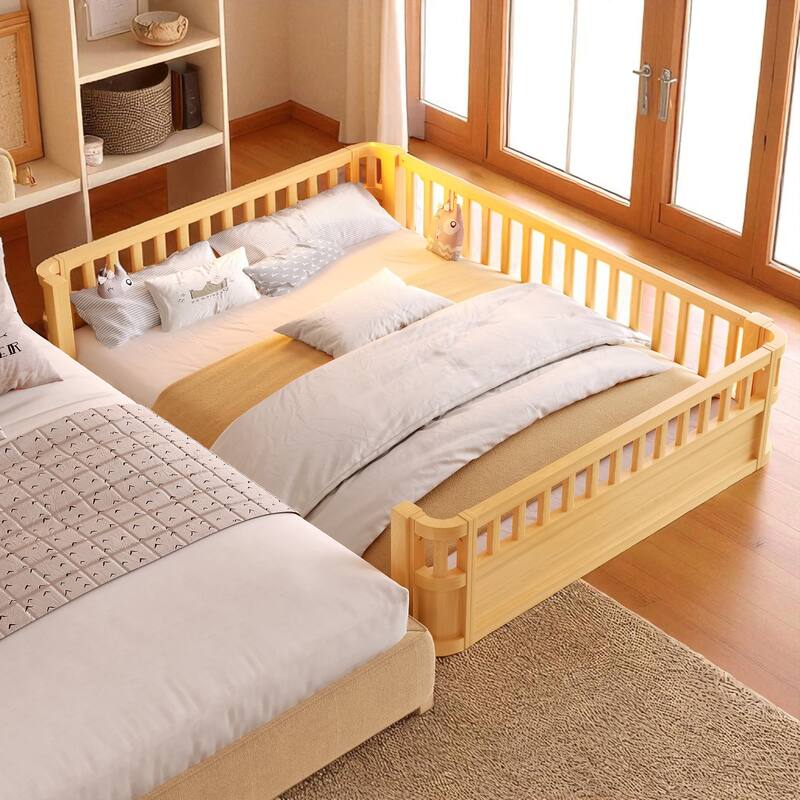 Wood Platform Bed with Guardrails & Detachable Fence, Twin/Full/Twin XL/Queen Size Kids Bed, Safety Design, No Box Spring