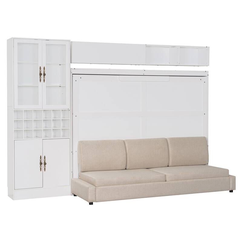 Queen Size Wall Bed with Sofa, Shelves, USB & Light, Space-Saving Design, Easy Storage, White