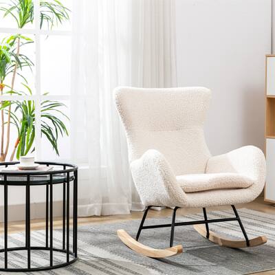 Teddy Fabric Rocking Chair High Back Arm Chairs Ergonomic Chaise Lounges with Rubber Wood Legs for Living Room
