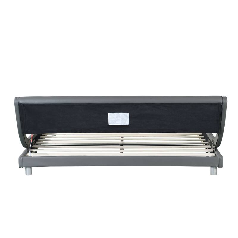 Queen Platform Bed Frame with Remote-Control LED Lights, Curved Faux Leather Design, Sturdy Wood Slats, No Box Spring Required