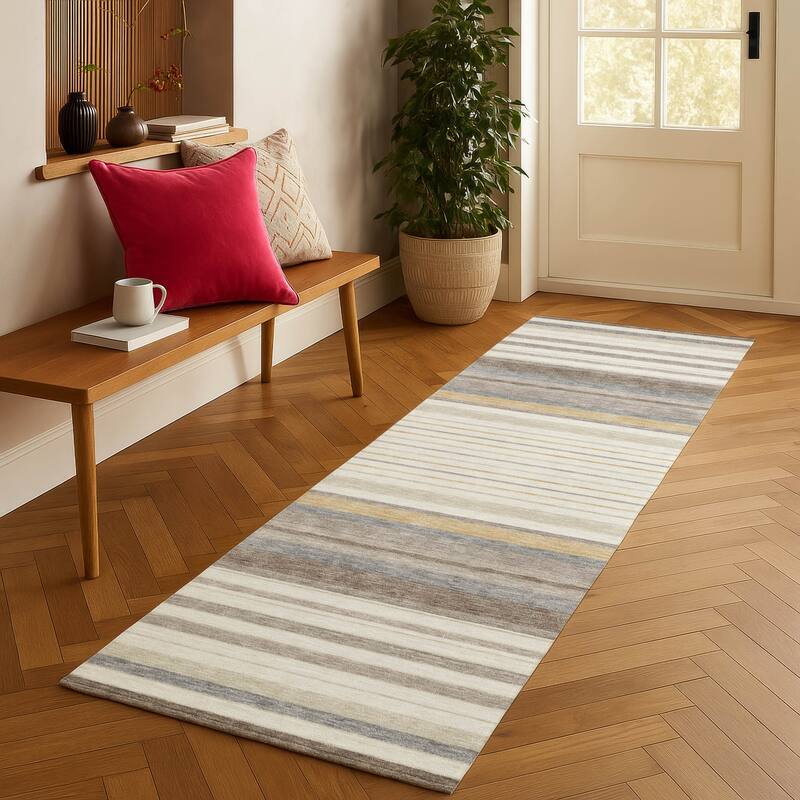 Machine Washable Indoor/ Outdoor Modern Stripes Chantille Rug