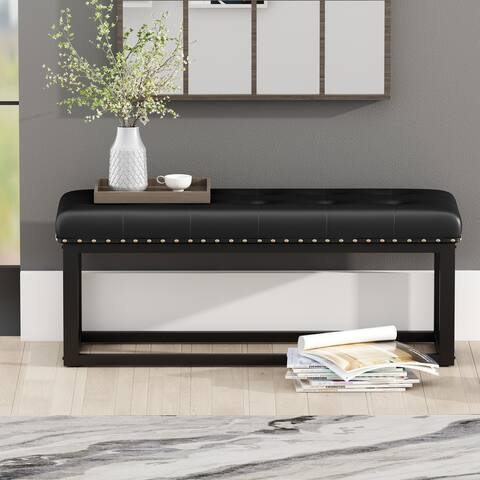 Mieres Mid-Century Modern 36" PU Leather Upholstered Bench with Button Tufted Padded Cushion and Nailhead Trim Design