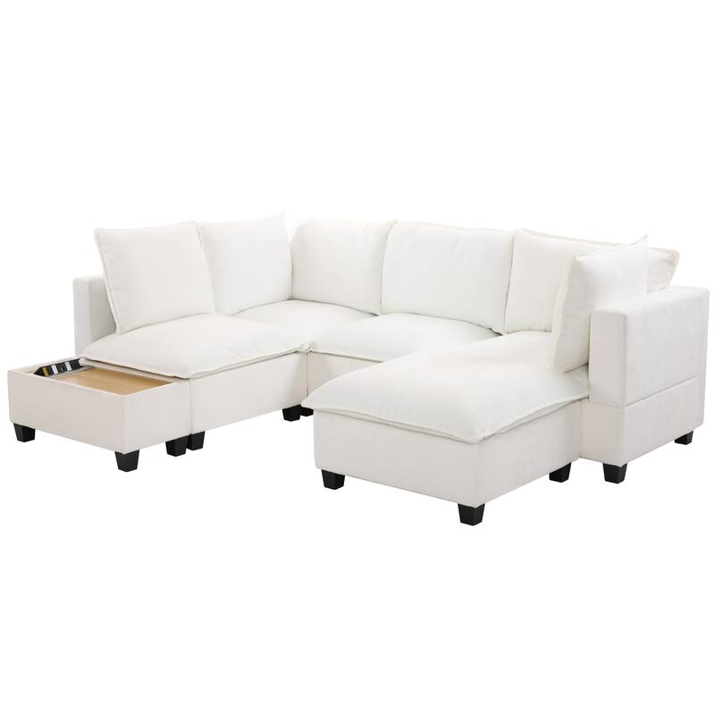 U-Shaped Sectional Sofa with Ottoman, Coffee Table with Hidden Charging Devices, Oversized Chenille Upholstered Cloud Sofa