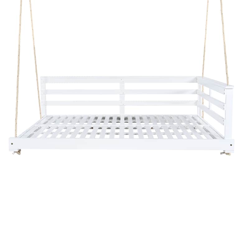 Acacia Wood Porch Swing Bed for Outdoor with Hemp Ropes - Full Size Patio Hanging Bed, 350lbs Capacity