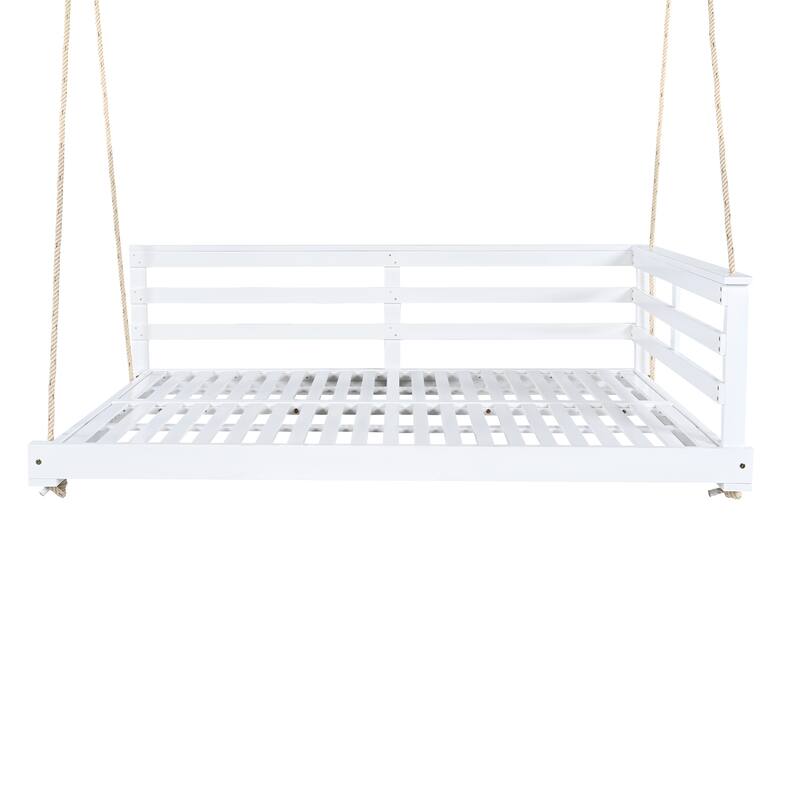 Topmax Acacia Wood Porch Swing Bed For Outdoor With Hemp Ropes - Full Size Patio Hanging Bed (Excluding the table)