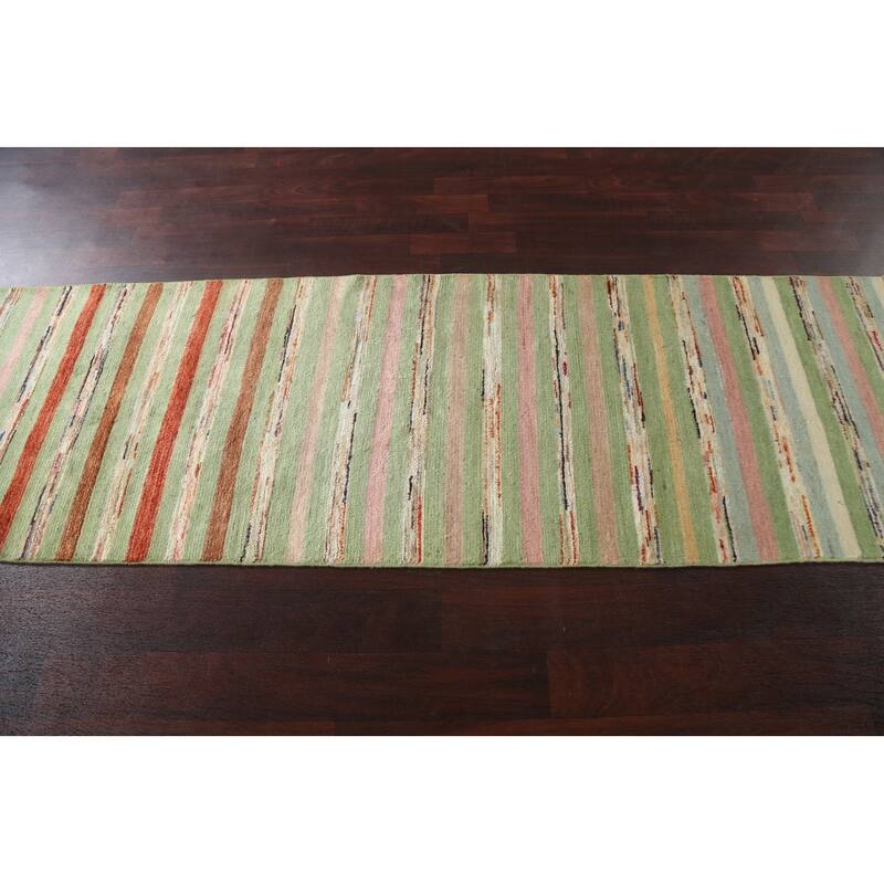Green Striped Gabbeh Kashkoli Oriental Wool Runner Rug Hand-knotted - 2'8" x 17'9"