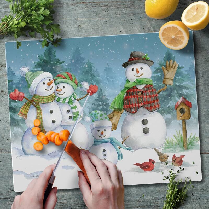 Snowman Family 3mm Heat Tolerant Tempered Glass Cutting Board 15” x 12” Manufactured in the USA Dishwasher Safe