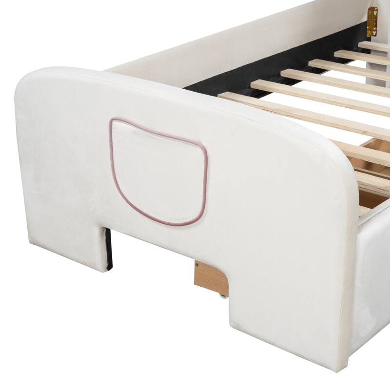 Adorable Velvet Platform Bed for Kids, Bunny Design with Drawers and Bed-End Storage Pockets, Twin/Full