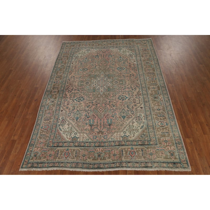 Pink Geometric Tabriz Persian Area Rug Hand-Knotted Wool Carpet - 6'7" x 9'3"
