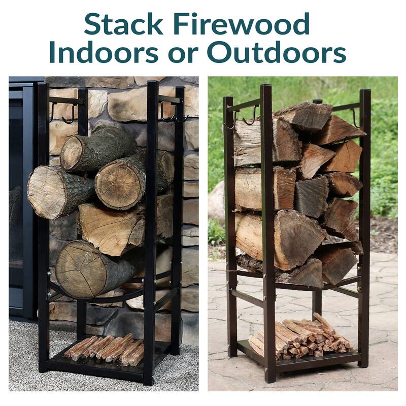 Sunnydaze Log Rack with Tool Holders Steel with Blakc Finish Firewood Storage