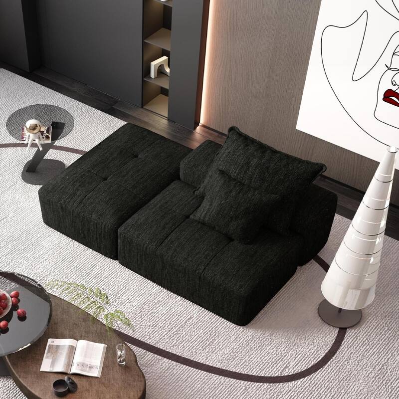 Modern Oversized Modular Chenille Tufted Sectional Sofa with 2 Pillows and Ottoman for Living Room - Black