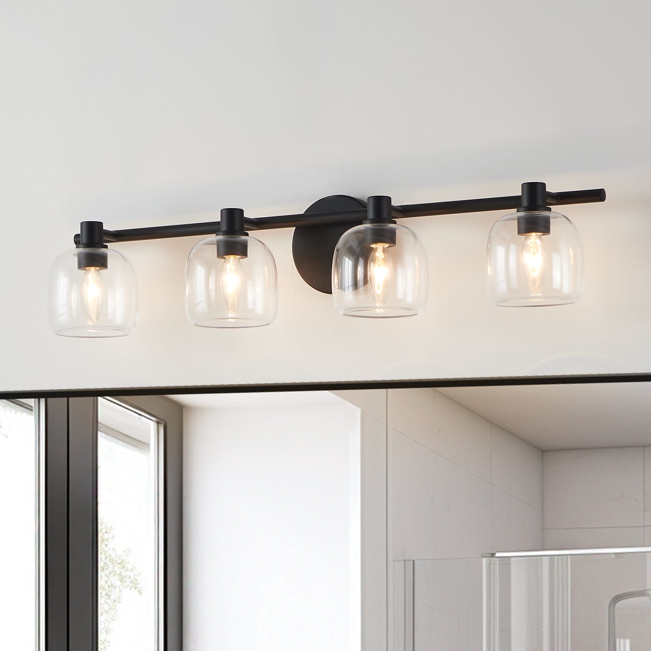 Thesis Valentina 30-inch 4-light Matte Black Vanity Light with Clear Glass Shades
