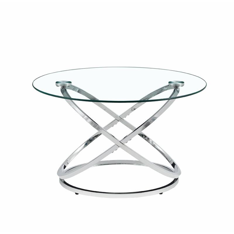 Modern Round Clear Glass Coffee Table with Tempered Glass and Stainless Steel Base