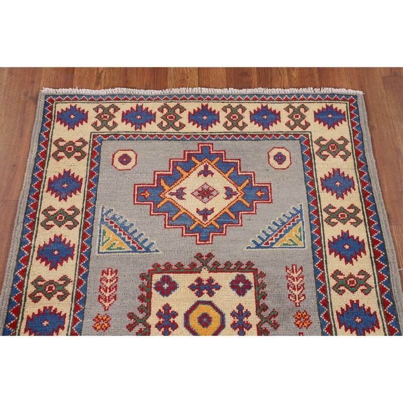 Gray Geometric Kazak Rug Handmade Foyer Wool Carpet - 2'9" x 4'1"