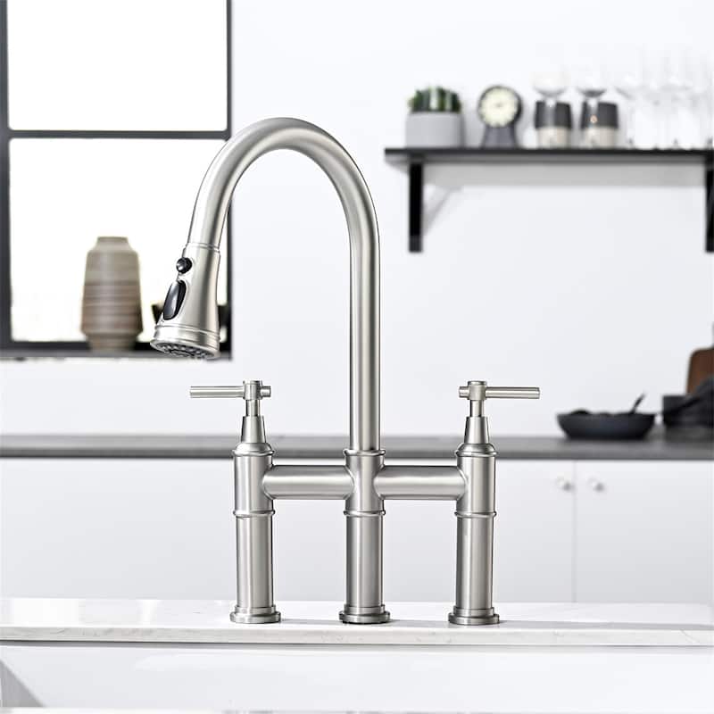 Bridge Kitchen Faucet with Pull Down Sprayer Modern Stainless Steel 3 Hole Pull Down Kitchen Sink Faucets Brushed Nickel